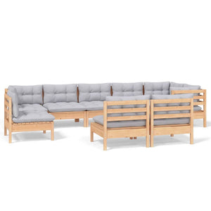 9-tlg. Garten-Lounge-Set mit Grauen Kissen Kiefer Massivholz