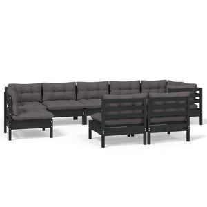 9-tlg. Garten-Lounge-Set mit Kissen Schwarz Massivholz Kiefer