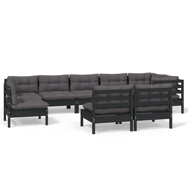 9-tlg. Garten-Lounge-Set mit Kissen Schwarz Massivholz Kiefer