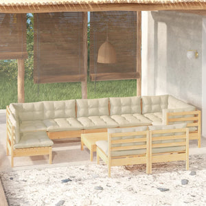 10-tlg. Garten-Lounge-Set mit Creme Kissen Massivholz Kiefer