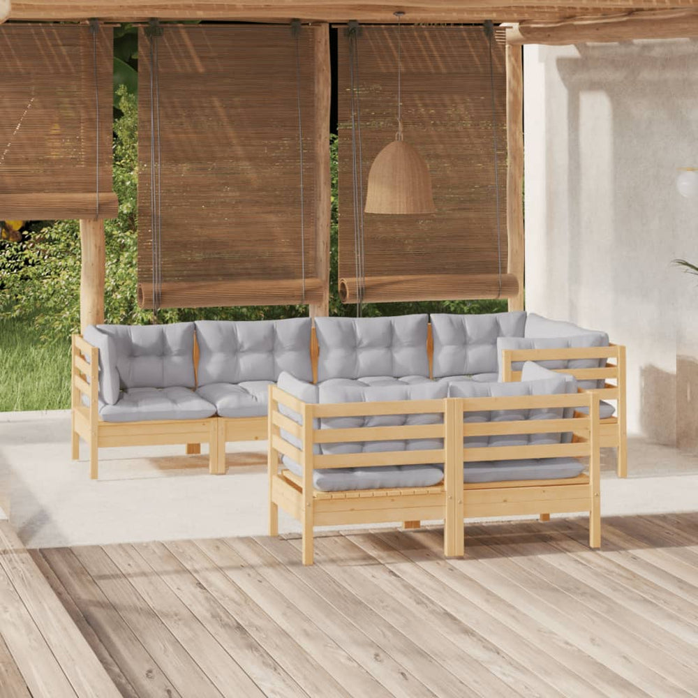 7-tlg. Garten-Lounge-Set mit Grauen Kissen Kiefer Massivholz