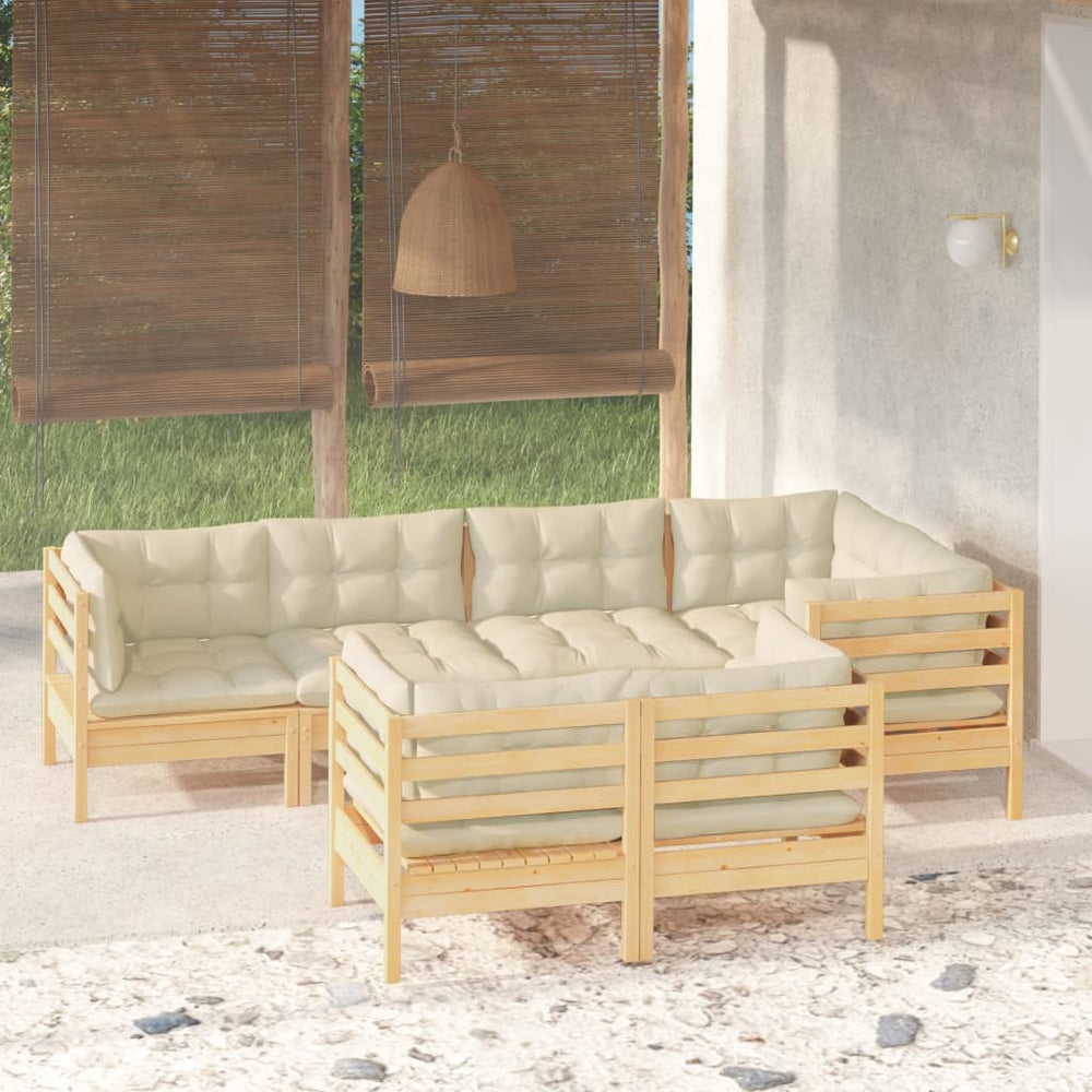 7-tlg. Garten-Lounge-Set mit Creme Kissen Massivholz Kiefer