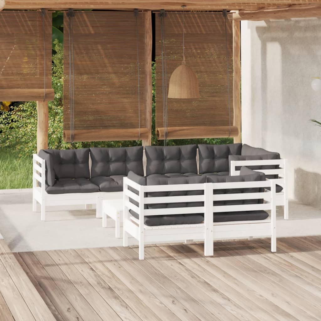 vidaXL Salon de jardin 8 pcs avec coussins Blanc Pin massif
