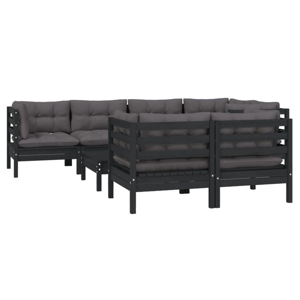 vidaXL Salon de jardin 8 pièces avec coussins Noir Bois de pin massif