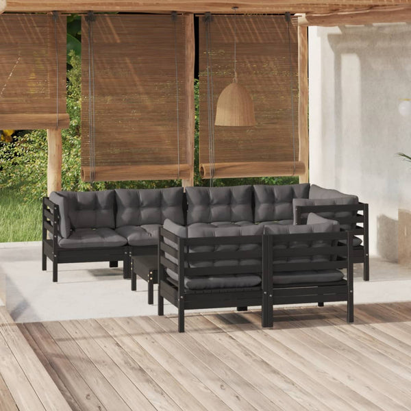 vidaXL Salon de jardin 8 pièces avec coussins Noir Bois de pin massif