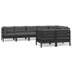 8-tlg. Garten-Lounge-Set mit Kissen Schwarz Massivholz Kiefer