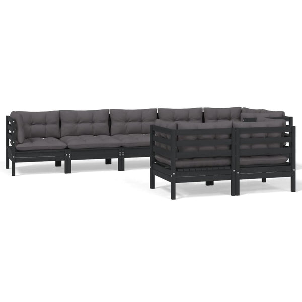 8-tlg. Garten-Lounge-Set mit Kissen Schwarz Massivholz Kiefer