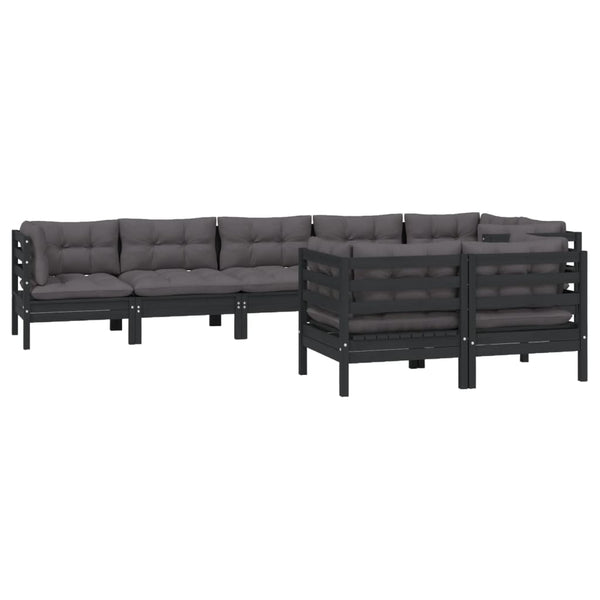 8-tlg. Garten-Lounge-Set mit Kissen Schwarz Massivholz Kiefer