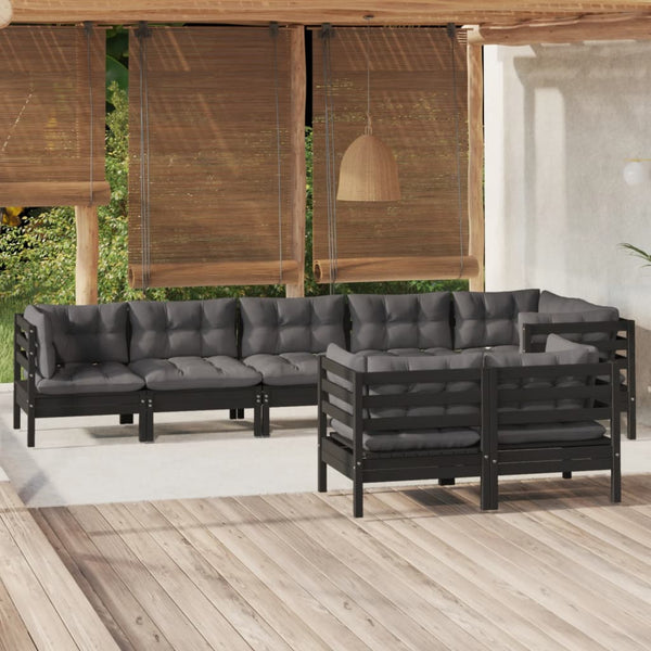 8-tlg. Garten-Lounge-Set mit Kissen Schwarz Massivholz Kiefer