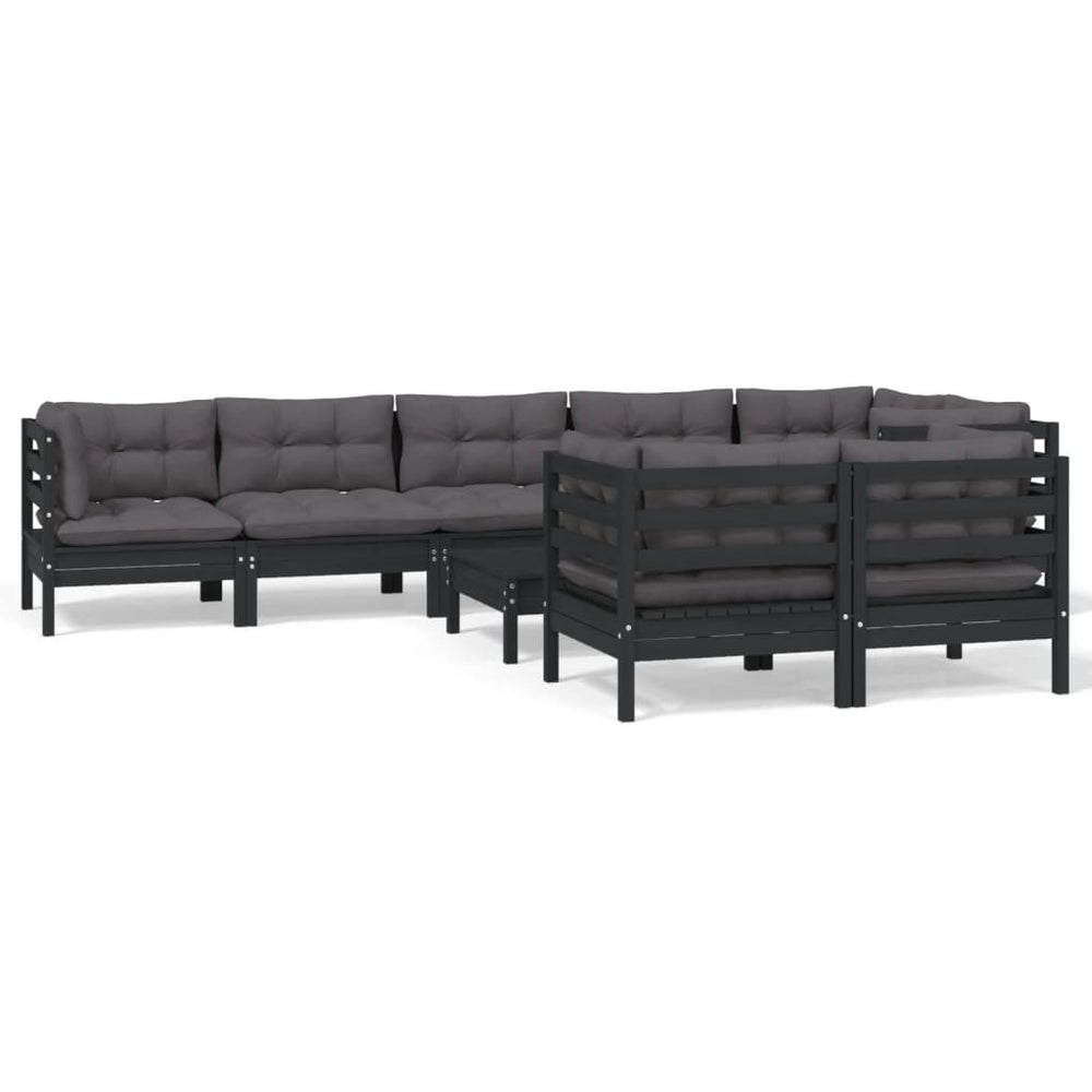 9-tlg. Garten-Lounge-Set mit Kissen Schwarz Massivholz Kiefer