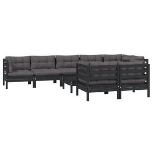 vidaXL Salon de jardin 9 pcs avec coussins Noir Bois de pin massif