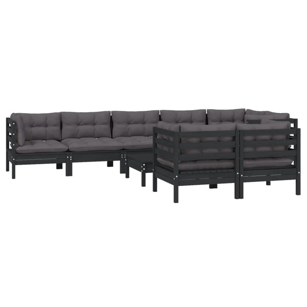 vidaXL Salon de jardin 9 pcs avec coussins Noir Bois de pin massif
