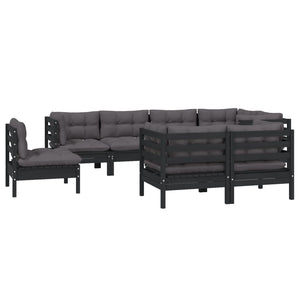 8-tlg. Garten-Lounge-Set mit Kissen Schwarz Massivholz Kiefer
