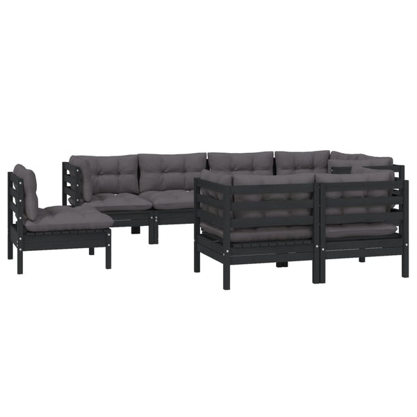 8-tlg. Garten-Lounge-Set mit Kissen Schwarz Massivholz Kiefer