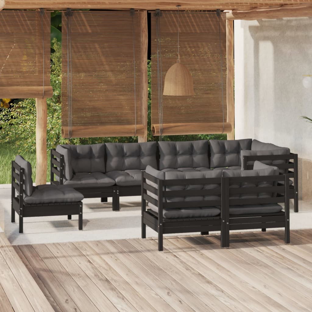 8-tlg. Garten-Lounge-Set mit Kissen Schwarz Massivholz Kiefer