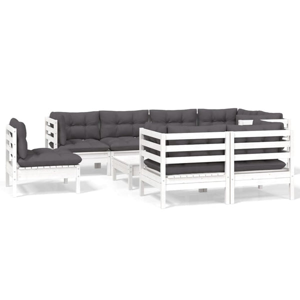 9-tlg. Garten-Lounge-Set mit Kissen Weiß Kiefer Massivholz