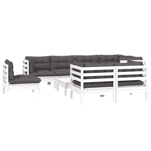 9-tlg. Garten-Lounge-Set mit Kissen Weiß Kiefer Massivholz