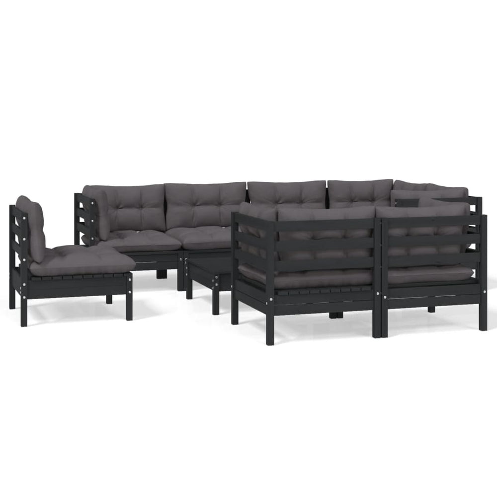 9-tlg. Garten-Lounge-Set mit Kissen Schwarz Massivholz Kiefer