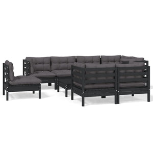9-tlg. Garten-Lounge-Set mit Kissen Schwarz Massivholz Kiefer