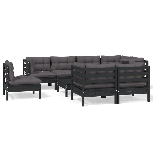 9-tlg. Garten-Lounge-Set mit Kissen Schwarz Massivholz Kiefer