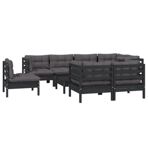 9-tlg. Garten-Lounge-Set mit Kissen Schwarz Massivholz Kiefer