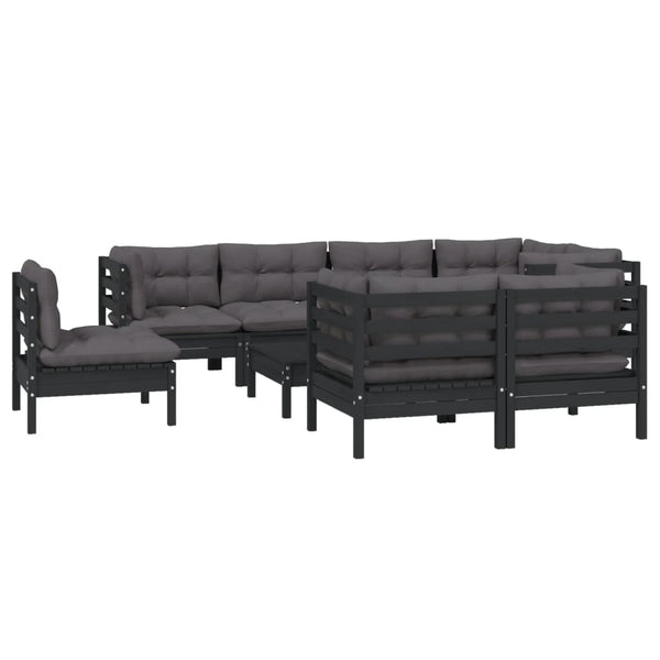 9-tlg. Garten-Lounge-Set mit Kissen Schwarz Massivholz Kiefer