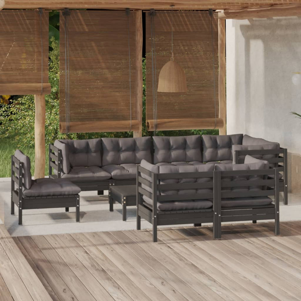 9-tlg. Garten-Lounge-Set mit Kissen Schwarz Massivholz Kiefer