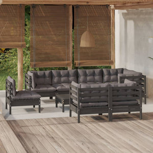 9-tlg. Garten-Lounge-Set mit Kissen Schwarz Massivholz Kiefer