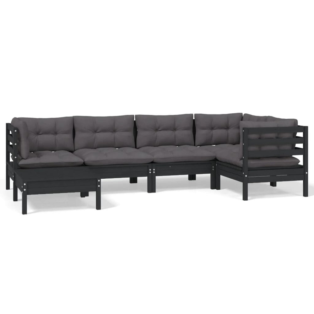 6-tlg. Garten-Lounge-Set mit Kissen Schwarz Massivholz Kiefer