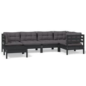 6-tlg. Garten-Lounge-Set mit Kissen Schwarz Massivholz Kiefer