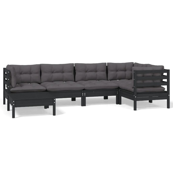 6-tlg. Garten-Lounge-Set mit Kissen Schwarz Massivholz Kiefer