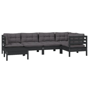 6-tlg. Garten-Lounge-Set mit Kissen Schwarz Massivholz Kiefer