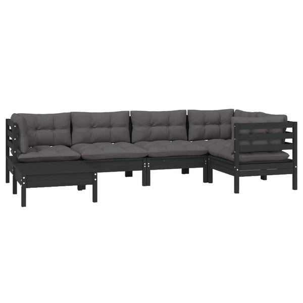 6-tlg. Garten-Lounge-Set mit Kissen Schwarz Massivholz Kiefer