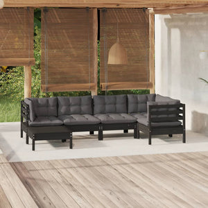 6-tlg. Garten-Lounge-Set mit Kissen Schwarz Massivholz Kiefer