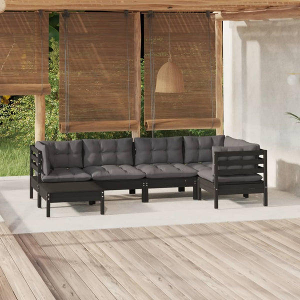 6-tlg. Garten-Lounge-Set mit Kissen Schwarz Massivholz Kiefer
