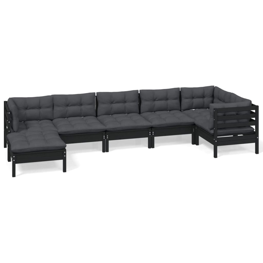 7-tlg. Garten-Lounge-Set mit Kissen Schwarz Massivholz Kiefer