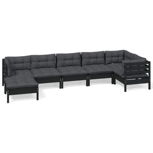 7-tlg. Garten-Lounge-Set mit Kissen Schwarz Massivholz Kiefer