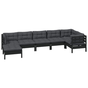 7-tlg. Garten-Lounge-Set mit Kissen Schwarz Massivholz Kiefer
