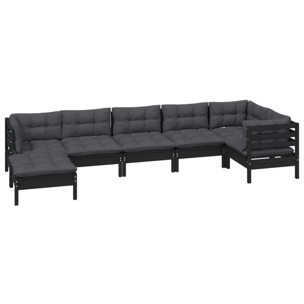 7-tlg. Garten-Lounge-Set mit Kissen Schwarz Massivholz Kiefer