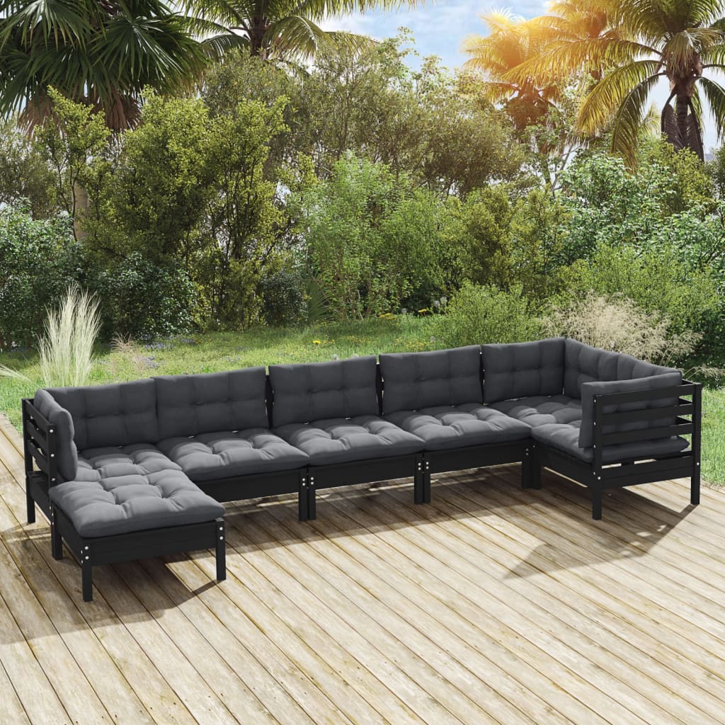 7-tlg. Garten-Lounge-Set mit Kissen Schwarz Massivholz Kiefer