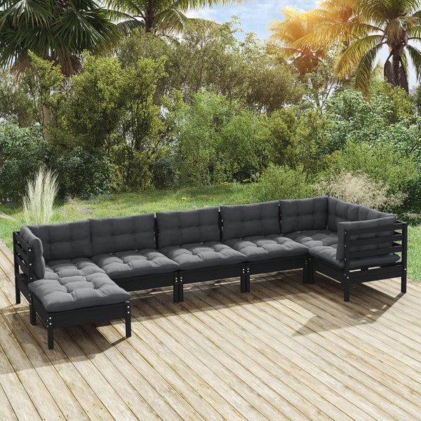 7-tlg. Garten-Lounge-Set mit Kissen Schwarz Massivholz Kiefer