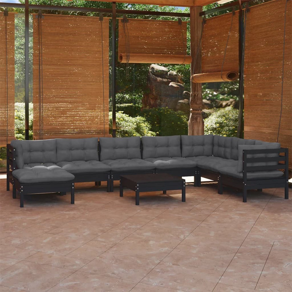 9-tlg. Garten-Lounge-Set mit Kissen Schwarz Kiefer Massivholz