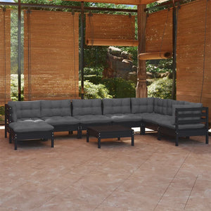 9-tlg. Garten-Lounge-Set mit Kissen Schwarz Kiefer Massivholz