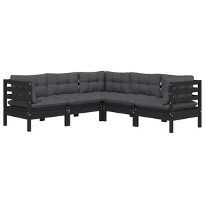 5-tlg. Garten-Lounge-Set mit Kissen Schwarz Kiefer Massivholz