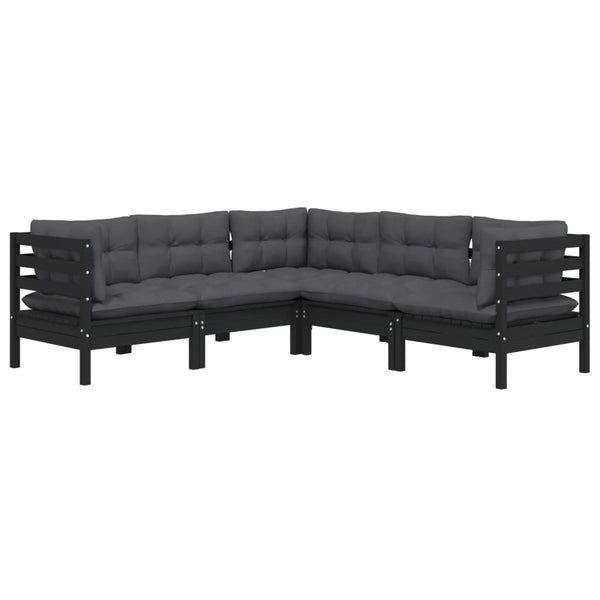 5-tlg. Garten-Lounge-Set mit Kissen Schwarz Kiefer Massivholz