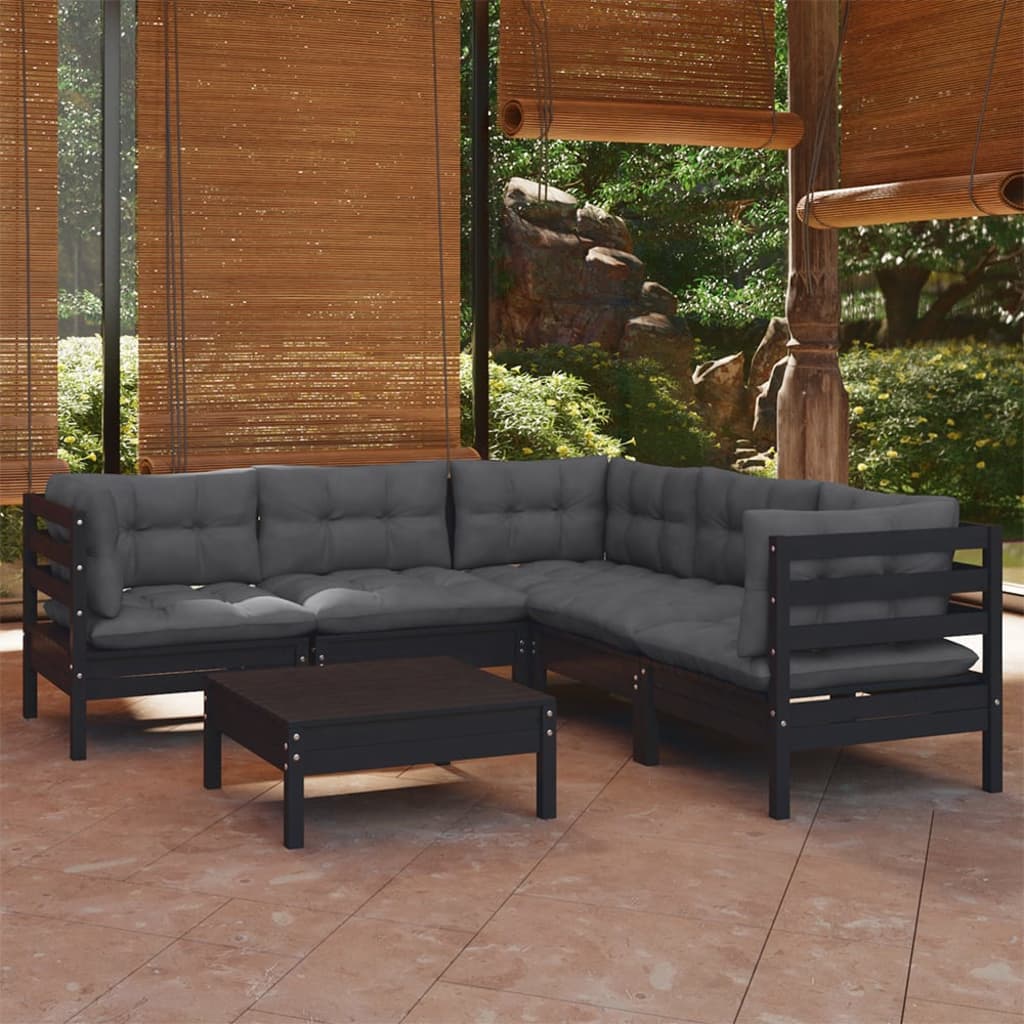 6-tlg. Garten-Lounge-Set mit Kissen Schwarz Massivholz Kiefer