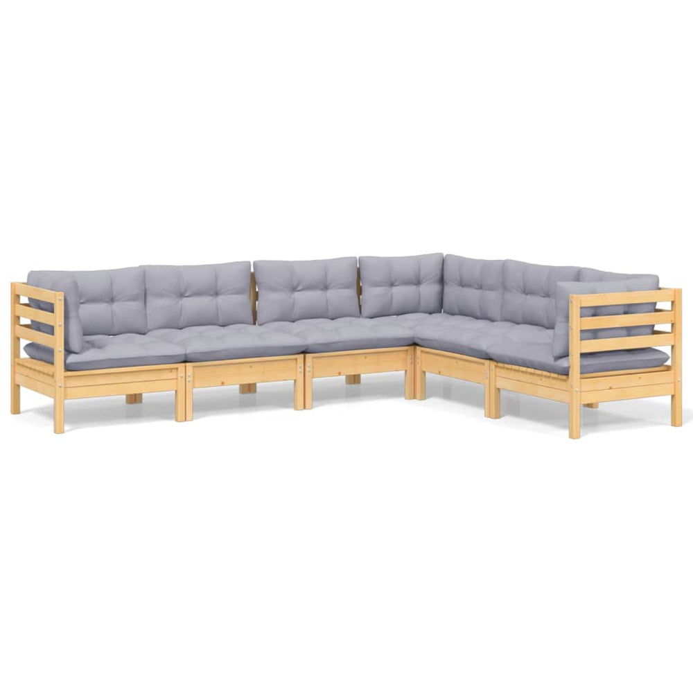 6-tlg. Garten-Lounge-Set mit Grauen Kissen Kiefer Massivholz