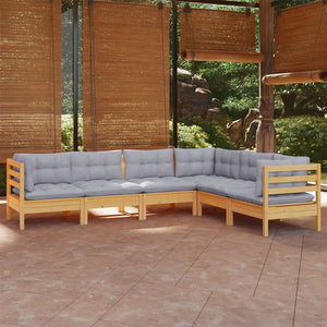 6-tlg. Garten-Lounge-Set mit Grauen Kissen Kiefer Massivholz
