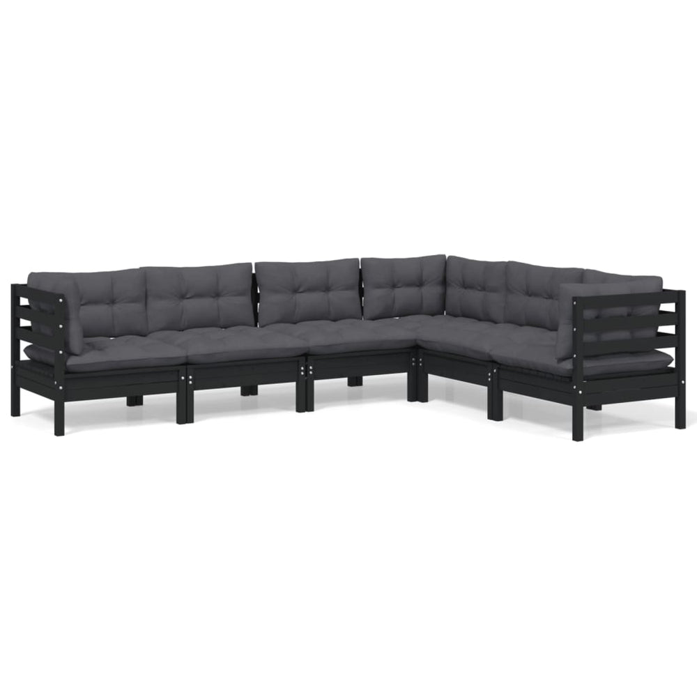 6-tlg. Garten-Lounge-Set mit Kissen Schwarz Massivholz Kiefer