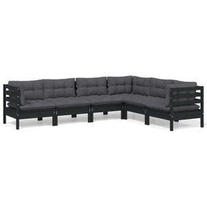 6-tlg. Garten-Lounge-Set mit Kissen Schwarz Massivholz Kiefer